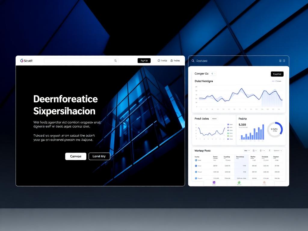 Corporate technology website concept with dashboard and glass architecture imagery